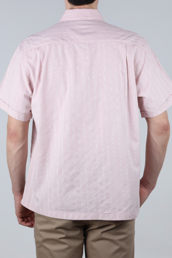 Camisa Hombre Manga Corta Palo de Rosa Rayas Verticales Casual Con Bolsillo